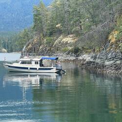 C-Traveler anchored and stern tied near the Bold Head trailhead.
