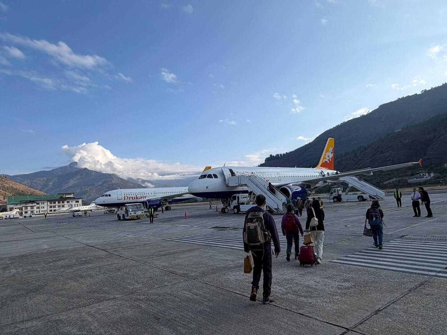 Heading out to our Drukair (druk = dragon), Royal Bhutan Airlines, Airbus 320 flight to Kathmandu