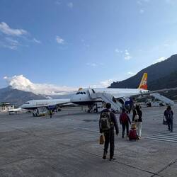 Heading out to our Drukair (druk = dragon), Royal Bhutan Airlines, Airbus 320 flight to Kathmandu