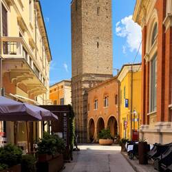 Torre Comunale (yes, it leans) ... 26 feet presently; 13 feet was removed in 2000 for safety.