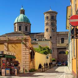 Dome and bell tower of the Duomo ... from Piazza John F. Kennedy — Ravenna, Italy.