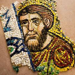 Mosaic fragment of a man dated to 1112 ... from the cathedral apse — Archiepiscopal Museum.