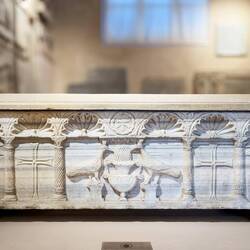 6th century marble sarcophagus decorated with typical early Christian iconography.
