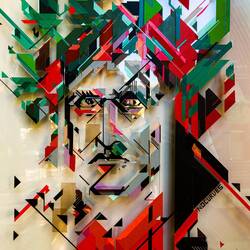 "No Curves" is an Italian tape artist who creates stylized, geometric portraits of Dante.