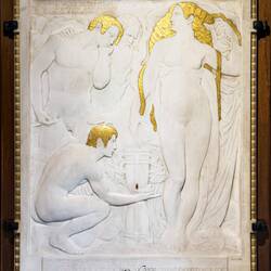 Personification of Sicily laying down a copy of The Divine Comedy; men represent past/present/future