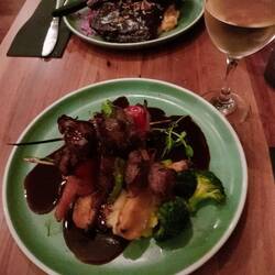 Lamb Skewers with potato mash and roast vegetables