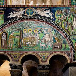 Abraham hosting the three angels; preparing to sacrifice his son, Isaac ... Basilica di San Vitale.