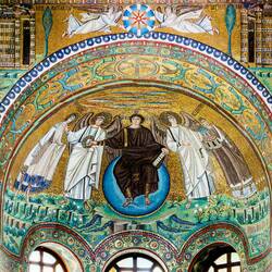Christ Pantocrator with two archangels, St Vitale, and Bishop Ecclesius ... Basilica di San Vitale.