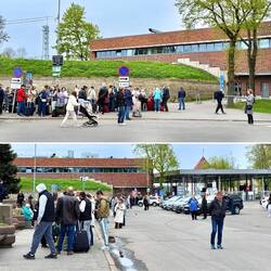 Menschenmenge wartet darauf, die Grenze zu passieren.