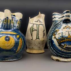 Ceramic jugs from Faenza and Ravenna (middle one) ... 15th to 17th century ... National Museum.