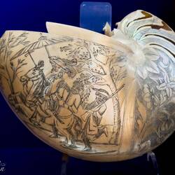 Decorated nautilus shell ... exhibited in the curiosities room ... National Museum — Ravenna, Italy.