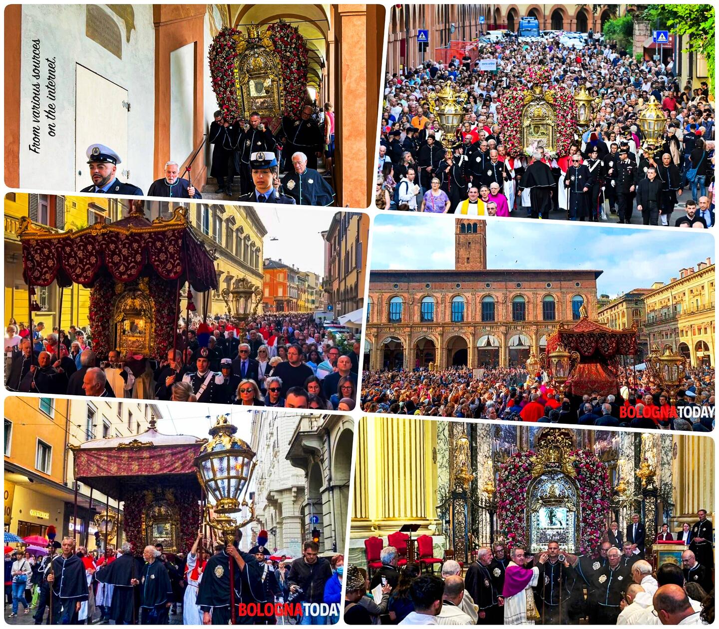 Collage of media images of the procession into Bologna on the 9th.