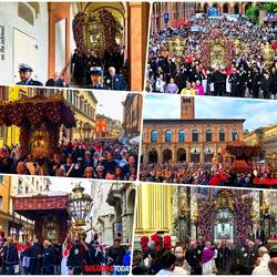 Collage of media images of the procession into Bologna on the 9th.