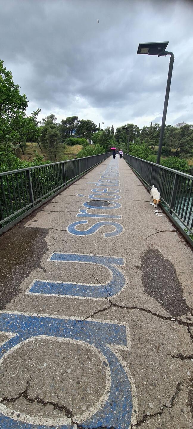 Auf dem Boden der Brücke sind Verse aus dem Lied „Podgorica“ aufgemalt.