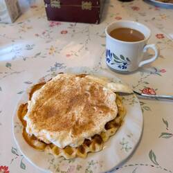 Waffeln mit Rhabarbersirup und Sahne zum Kaffee