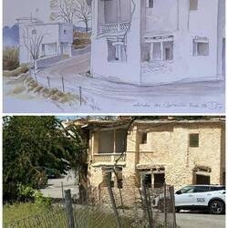 Gray sketch: 1998; today, the cherry tree has grown to completely obscure the opposite house.