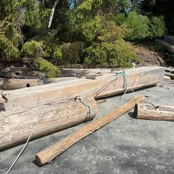 This log appears to have been cut perfectly with a chain saw. Some lumber in background on hill