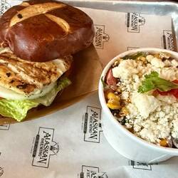 Halibut sandwich and corn salad