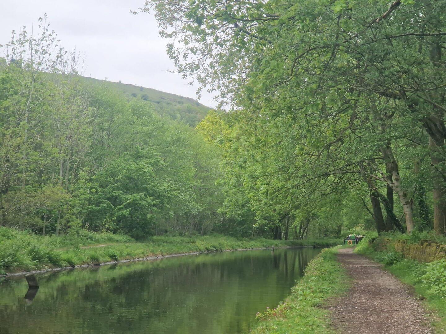 Rainboat's rear moored just past the bend. Lovely to see hills beyond the trees