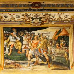 David puts on the armor of King Saul as he prepares to fight Goliath — Papal Audience Room.