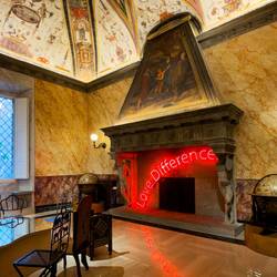 Monumental fireplace; fresco of David being anointed king by Samuel — Papal Audience Room.