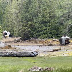 Two overturned float buildings.