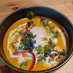 Took Emma Lou out to lunch for an early birthday present - delicious carrot soup with an egg on top