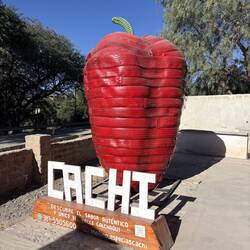 We visited a chili drying company, with a giant pepper made of upcyled tires