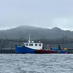 Large fishing boat with a dinghy tied up beside it, next to the last pen.