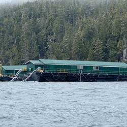 Two barged buildings with hoses going to the fish pens.
