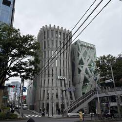 Tod's (rechts) von Toyo Ito. Die Betonstruktur abstrahiert die Äste der Bäume und trägt das Gebäude.
