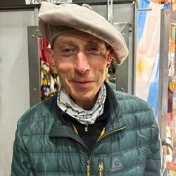 Michael trying a gaucho hat, he didn't purchase