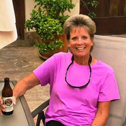 Relaxing with a beer before dinner, in our hotel courtyard.