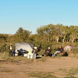 Our first night of camp at Wood Bottom. View of the water and dinner is rib-eyes on the grill.