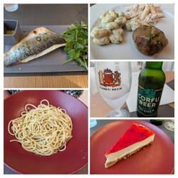 Starter, Sea Brass, Aglio Olio, Cheesecake