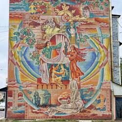 Mosaic mural referencing ancient history of Penjikent (on the end of Soviet-built housing)