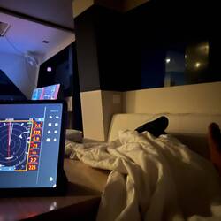 Got to catch some sleep. Timer on 20 minutes, iPad with map, AIS and radar.