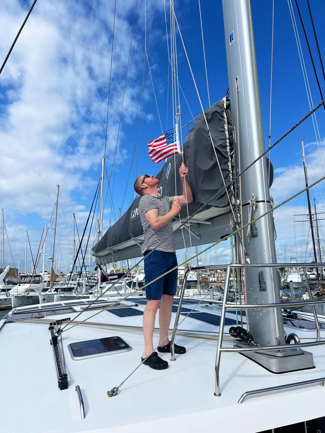 Patricks's first action in America: hoist the courtesey flag!