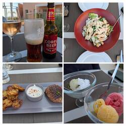 Bierchen und Weinchen mit Cesar Salat, griechische Bifteki und Eis