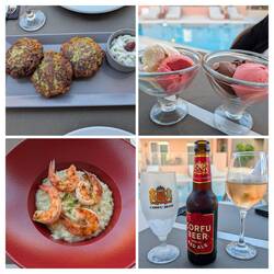 Gemüse Burger, Risotto mit Shrimps und Eis