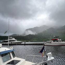 This evening's low clouds. The boat "SeaMount" on the right is where I had happy hour.