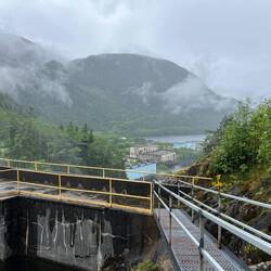 View of Ocean Falls power houses from dam area.