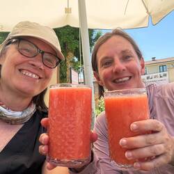 Our celebratory mango smoothies for reaching San Juan de Ortega. Even though we had two more miles.