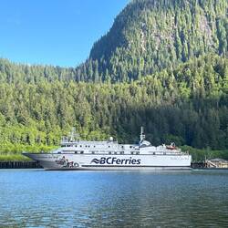 Ferry "Northern Sea Wolf" coming into Ocean Falls. She had to turn and back into terminal ramp.