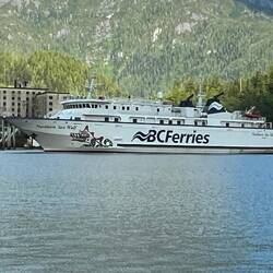 Ferry "Northern Sea Wolf" coming into Ocean Falls. She had to turn and back into terminal ramp.