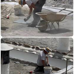 Top: sawing slates for the eaves. Bottom: adding a cement ridge to anchor the castigaderas.