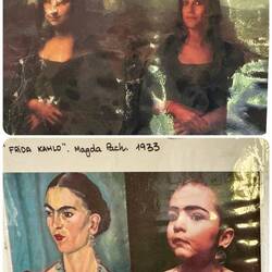 Paired famous paintings/local women display in lavadero