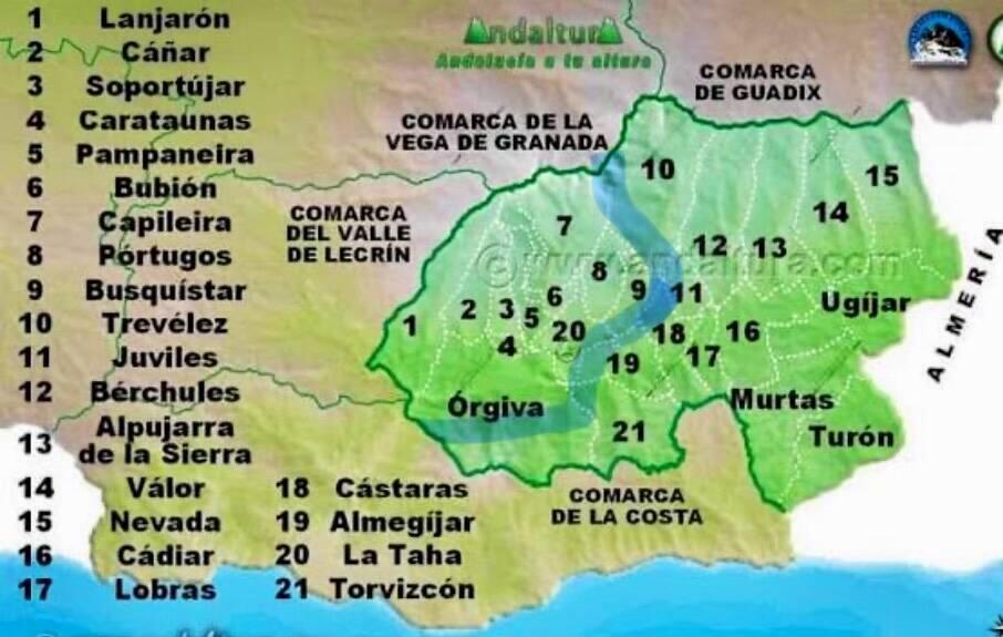 The Alpujarra Granadina. This trip was to villages within the blue backwards L formed by two rivers.