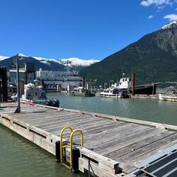 C-Traveler at the F dock in Bella Coola. Northern Sea Wolf at the ferry dock.