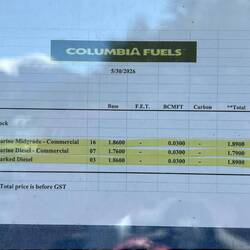 Current Bella Coola fuel prices. Cheapest along our cruise so far.
